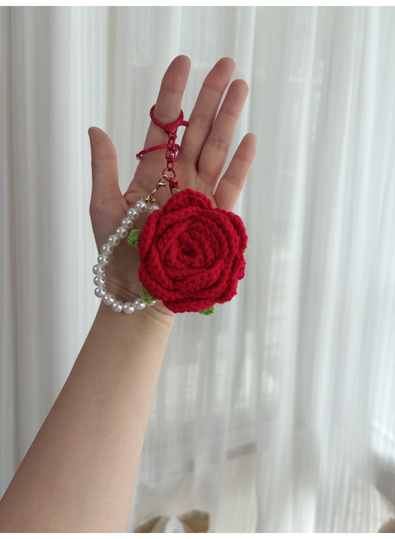 Cute Crochet Rose Keychains Handmade Knitted Flower Keychains With Pearl Chain - Image 3